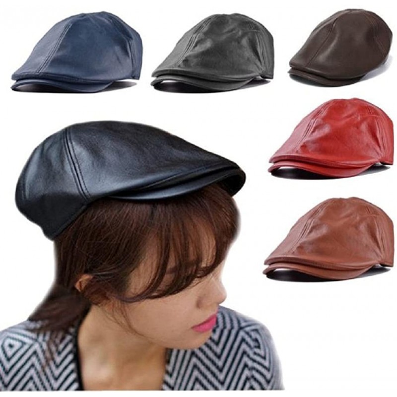Sun Hats Unisex Vintage Leather Beret Cap Peaked Hat Newsboy Sunscreen - Black - C412FK0Q57D $20.53