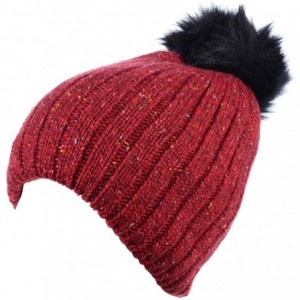 Skullies & Beanies Women's Winter Warm Fleece Lined Rib Knit Faux Fur Pom Beanie Snow Ski Hat - Speckled Red - C518M565QRG $1...