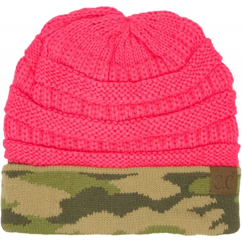 Skullies & Beanies Winter Fall Trendy Chunky Stretchy Cable Knit Beanie Hat - Camouflage New Candy Pink - CC18YTGW6LD $7.86