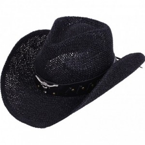 Cowboy Hats Unisex Mens Womens Sun Hat Wide Brim Woven Western Straw Cowboy Hat - Black - C518E5GW743 $50.36