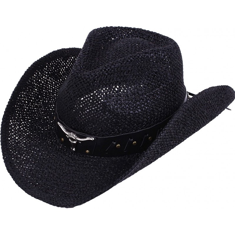 Cowboy Hats Unisex Mens Womens Sun Hat Wide Brim Woven Western Straw Cowboy Hat - Black - C518E5GW743 $44.20