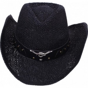 Cowboy Hats Unisex Mens Womens Sun Hat Wide Brim Woven Western Straw Cowboy Hat - Black - C518E5GW743 $44.20
