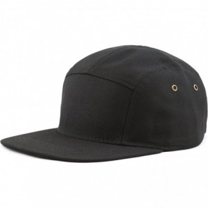 Baseball Caps Made in USA Cotton Twill 5 Panel Flat Brim Genuine Leather Brass Biker Board Cap - Black - CT12F1LSFCT $24.46