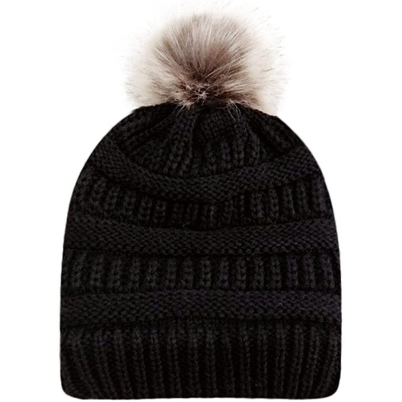 Skullies & Beanies Sale!Women Winter Warm Crochet Knit Faux Fur Pom Pom Beanie Hat Cap hat for women winter fashion - Black -...