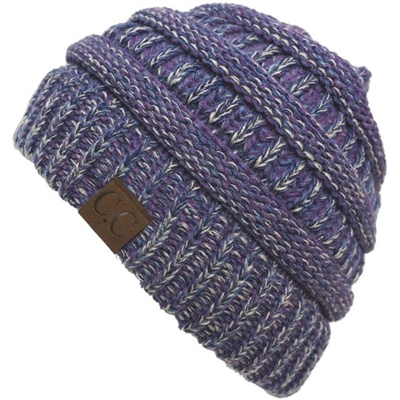 Skullies & Beanies Trendy Warm Chunky Soft Marled Cable Knit Slouchy Beanie - Four Tone Mix 2 - Purple- Navy- Dark Denim- Bei...