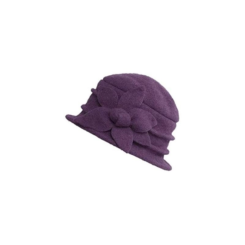 Bucket Hats Womens Girls Warm Wool Cloche Round Hat Wrinkled Floral Fedora Bucket Vintage Hat for Ladies - Purple - C418KGXEN...