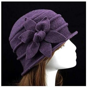 Bucket Hats Womens Girls Warm Wool Cloche Round Hat Wrinkled Floral Fedora Bucket Vintage Hat for Ladies - Purple - C418KGXEN...