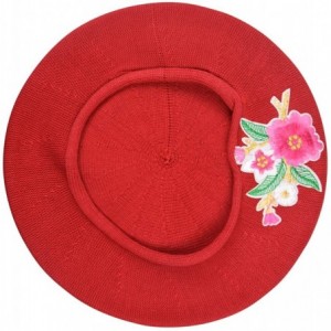 Berets 100% Cotton Beret French Ladies Hat with Pink Flower Bouquet - Red - CG1822TRZXD $56.28