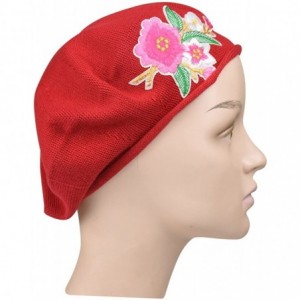 Berets 100% Cotton Beret French Ladies Hat with Pink Flower Bouquet - Red - CG1822TRZXD $56.28