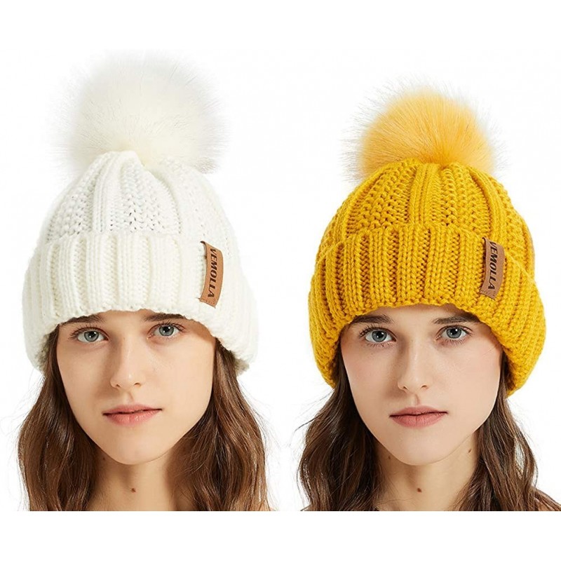 Skullies & Beanies Women Thick Cable Knit Faux Fuzzy Fur Pom Winter Skull Cap Cuff Beanie - White/Ginger 2pcs - CX19334G026 $...