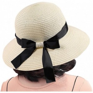 Sun Hats Straw Beach Sun Floppy Hat for Women Brim Bowknot Uv Protection Outdoor - Milky - CV18E0GKHRI $23.50