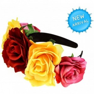 Headbands Custom Mexican Flower Crown Day of The Dead Hawaiian Boho Frida Floral - Red-yellow - CL18GLTS5AU $11.63