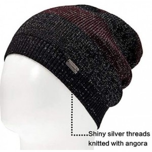 Skullies & Beanies Striped Beanie for Women Slouchy - Shiny Angora Womens Knit Cap Big Head Hat - Black-burgandy/Silver - CZ1...