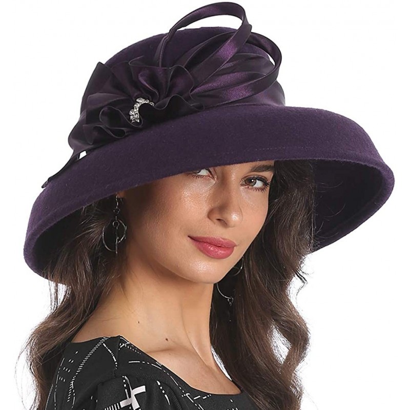 Fedoras Women Wool Felt Plume Church Dress Winter Hat - Drown Brim-purple - C318L5HLOHL $78.76