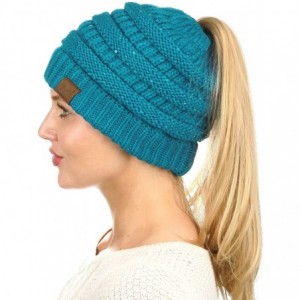 Skullies & Beanies BeanieTail Sparkly Sequin Cable Knit Messy High Bun Ponytail Beanie Hat- Teal - CN18HD0C56D $34.56