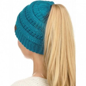 Skullies & Beanies BeanieTail Sparkly Sequin Cable Knit Messy High Bun Ponytail Beanie Hat- Teal - CN18HD0C56D $29.90