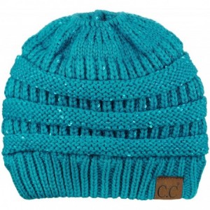 Skullies & Beanies BeanieTail Sparkly Sequin Cable Knit Messy High Bun Ponytail Beanie Hat- Teal - CN18HD0C56D $29.90