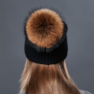 Skullies & Beanies Wool Knit Slouchy Bobble Cap Unisex Winter Beanie Hat with Fur Ball Pom - Black With Raccoon Pom - CP1867W...