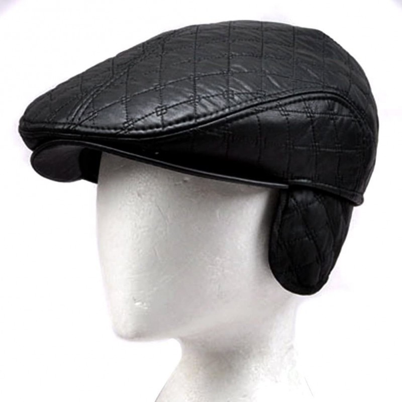 Newsboy Caps Faux Leather Black Velvet Inside Folding Ear Flap Flat Cap FFH218s57 - C911PAV6YI7 $43.50