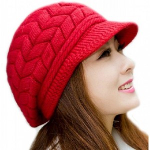 Skullies & Beanies Womens Fashion Winter Warm Knit Hat Woolen Snow Ski Caps with Visor - Red - CB126Y0V8V1 $25.04