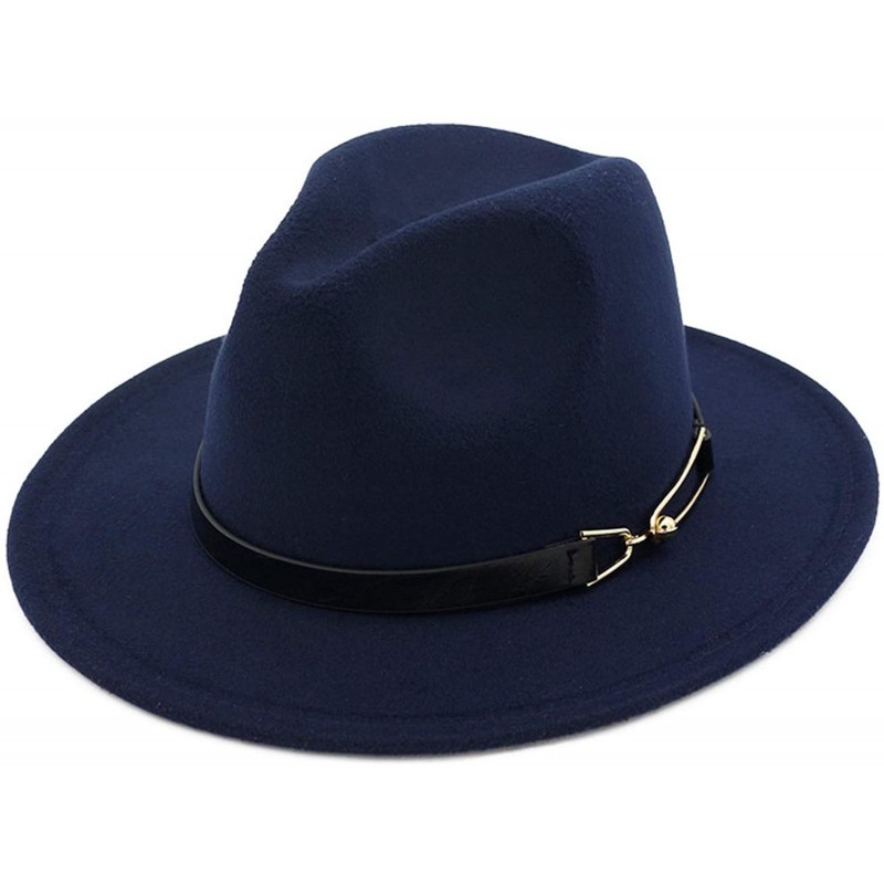 Fedoras Women Men Wool Felt Fedora Hats with Belt Buckle Wide Flat Brim Jazz Party Formal hat Panama Cap - Navy Blue - CN18OZ...