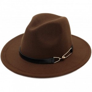 Fedoras Women Men Wool Felt Fedora Hats with Belt Buckle Wide Flat Brim Jazz Party Formal hat Panama Cap - Navy Blue - CN18OZ...