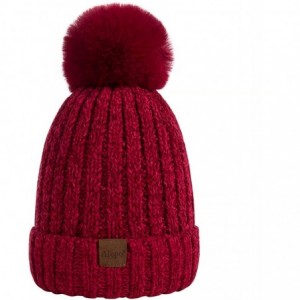 Skullies & Beanies Womens Winter Beanie Hat- Warm Fleece Lined Knitted Soft Ski Cuff Cap with Pom Pom - Chenille-burgundy1 - ...