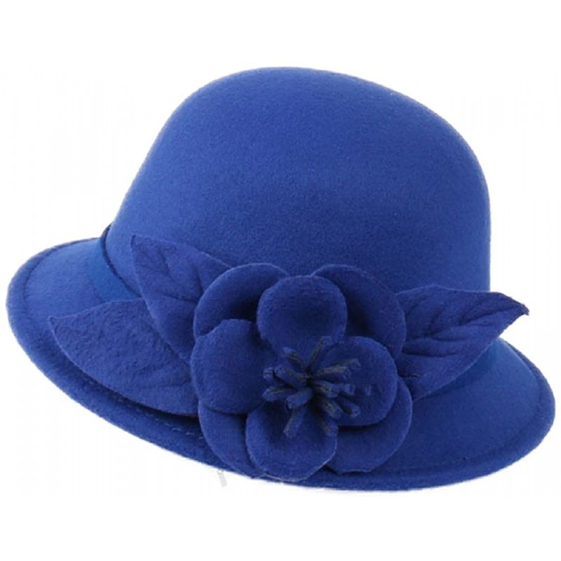 Bucket Hats Womens Flower Felt Cloche Bucket Hat Dress Winter Cap Fashion - Royal Blue - CF1880UUIW5 $31.82