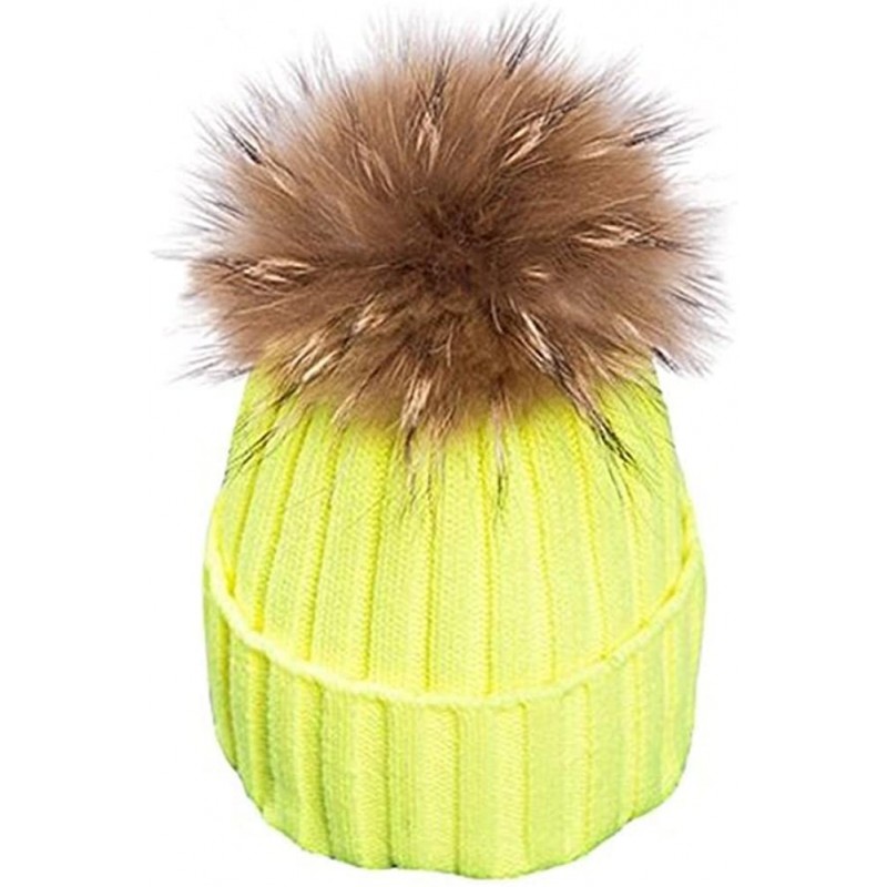 Skullies & Beanies Womens Girls Warm Winter Raccoon Fur Pom Pom Ball Knit Beanie Skull Hat - Neon Yellow - CD188TEKC25 $11.80