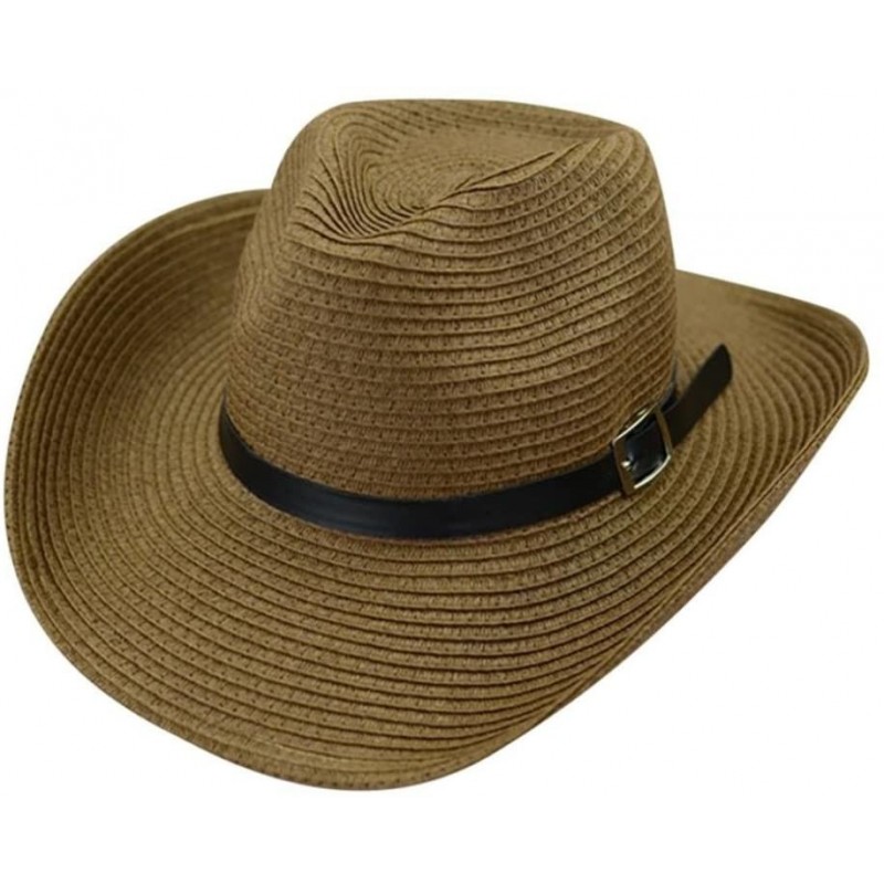 Sun Hats Floppy Foldable Man Unisex Belt Straw Beach Sun Summer Hat Wide Brim (Coffee) - Coffee - CA18GD9E8HN $7.76
