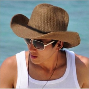 Sun Hats Floppy Foldable Man Unisex Belt Straw Beach Sun Summer Hat Wide Brim (Coffee) - Coffee - CA18GD9E8HN $7.76