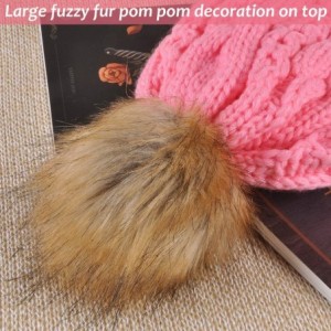 Skullies & Beanies Winter Thick Cable Knit Faux Fuzzy Fur Pom Pom Sherpa Lined Skull Ski Cap Cuff Beanie - Pink - CE18L6DEQDO...