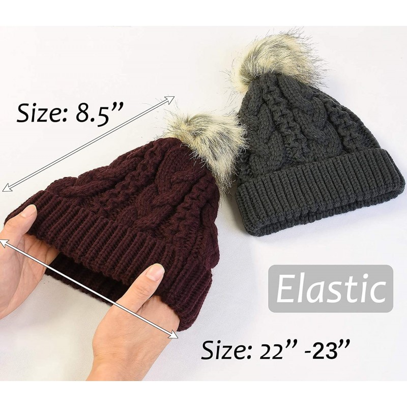 Winter Thick Cable Knit Faux Fuzzy Fur Pom Pom Sherpa Lined Skull Ski ...