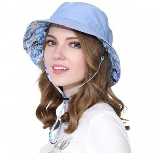 Sun Hats Women Bucket Hat Packable Cotton Reversible Sun Hat with Detachable Cord - Blue - CZ18QGTTAKW $12.26