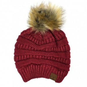 Skullies & Beanies Soft Stretch Cable Knit Ribbed Faux Fur Pom Pom Beanie Hat - Metallic Burgundy - C0188K043O0 $24.24