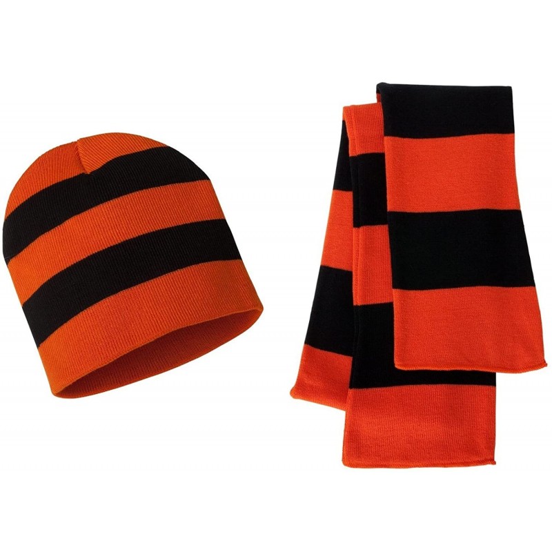 Skullies & Beanies Knit Collegiate Rugby Stripe Winter Scarf & Beanie Hat Set - Orange/Black - CB119VEI3KR $36.66