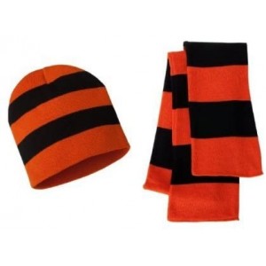 Skullies & Beanies Knit Collegiate Rugby Stripe Winter Scarf & Beanie Hat Set - Orange/Black - CB119VEI3KR $36.66