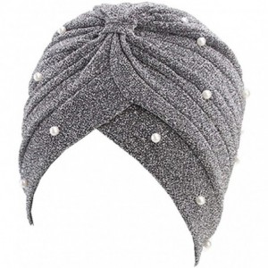 Skullies & Beanies Luxury Stretchable Glitter Flower Chemo Beanie Hair Loss Turban - Silver02 - CA18KGRLTQI $10.37