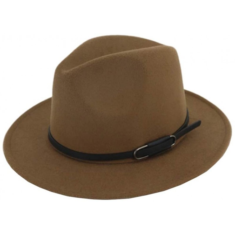 Fedoras Men Women Ethnic Felt Fedora Hat Wide Brim Panama Hats with Band - Khaki Belt - CX19995G099 $27.90
