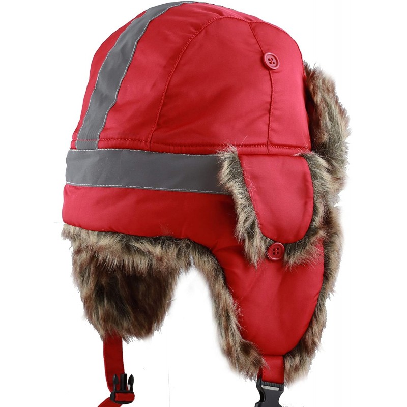 Bomber Hats Safety Reflective Faux Fur Aviator Kids Adult Trapper Hat Snow Ski Trooper Winter Cap - Red - CR18K2USUL3 $29.37