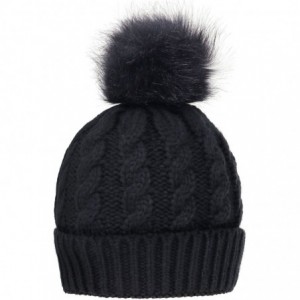 Skullies & Beanies Womens Winter Hand Knit Faux Fur Pompoms Beanie Hat - Black W/ Black Pom - CC12IKGYMP1 $27.34