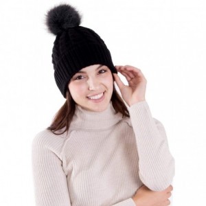 Skullies & Beanies Womens Winter Hand Knit Faux Fur Pompoms Beanie Hat - Black W/ Black Pom - CC12IKGYMP1 $17.99