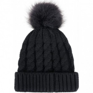 Skullies & Beanies Womens Winter Hand Knit Faux Fur Pompoms Beanie Hat - Black W/ Black Pom - CC12IKGYMP1 $28.42