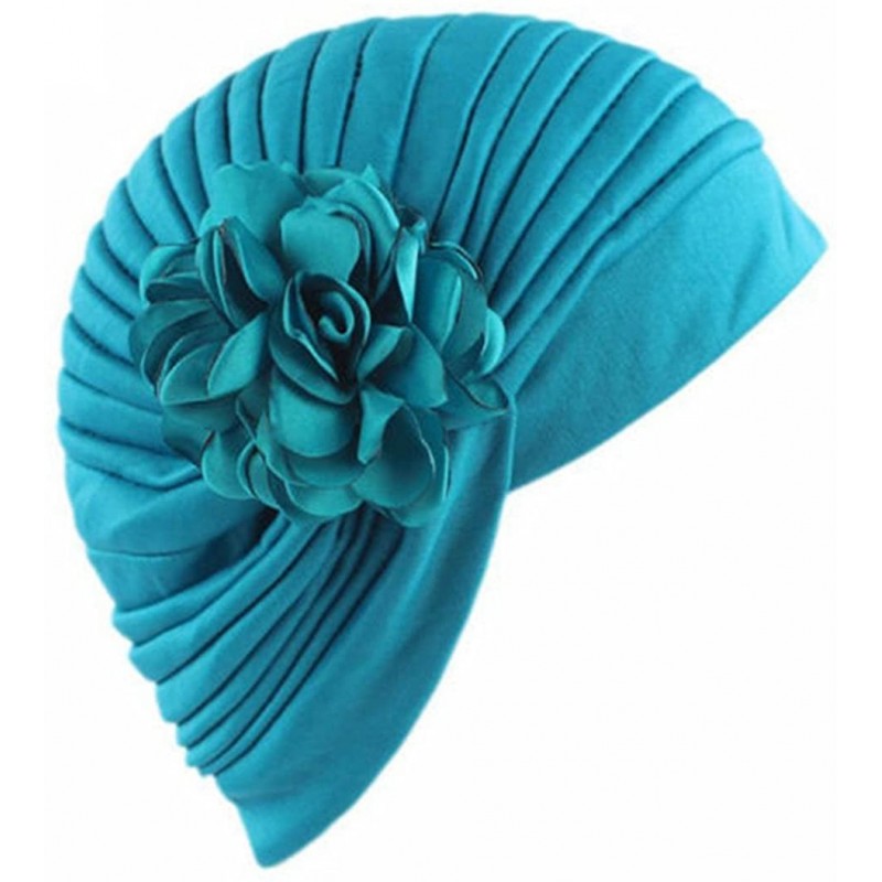 Skullies & Beanies Women Muslim Indian Chemo Hat Stretch Flower Turban Cap Hair Loss Scarf Headwear - Peacock Blue - CG187W7H...