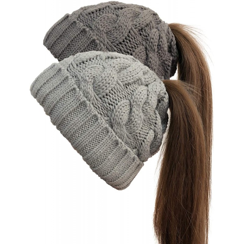 Skullies & Beanies 2 Pack Ponytail Hat Women Beanie Winter Knit Soft Hat Warm Stretch Cable Knit Hat Cap - A-dark Gray & Ligh...
