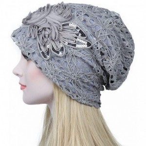 Skullies & Beanies Womens Lace Flower Turban Hat Sequins Hair Loss Beanie Head Wrap Caps - Silver - C218HWQ8004 $18.69