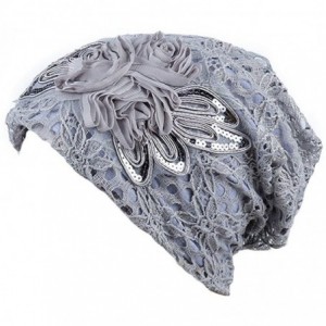 Skullies & Beanies Womens Lace Flower Turban Hat Sequins Hair Loss Beanie Head Wrap Caps - Silver - C218HWQ8004 $17.15