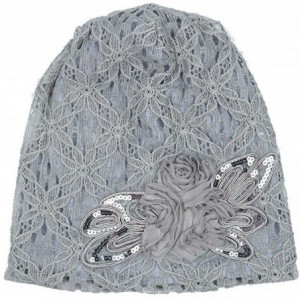Skullies & Beanies Womens Lace Flower Turban Hat Sequins Hair Loss Beanie Head Wrap Caps - Silver - C218HWQ8004 $9.24