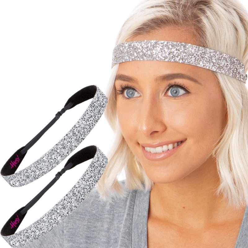 Headbands Women's Adjustable Non Slip Wide Bling Glitter Headband Silver Multi Pack - Silver & Silver 2pk - CU11RV72253 $28.45