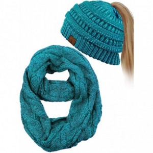 Skullies & Beanies BeanieTail Messy High Bun Cable Knit Beanie and Infinity Loop Scarf Set - Teal Metallic - CW18KHC970H $49.50